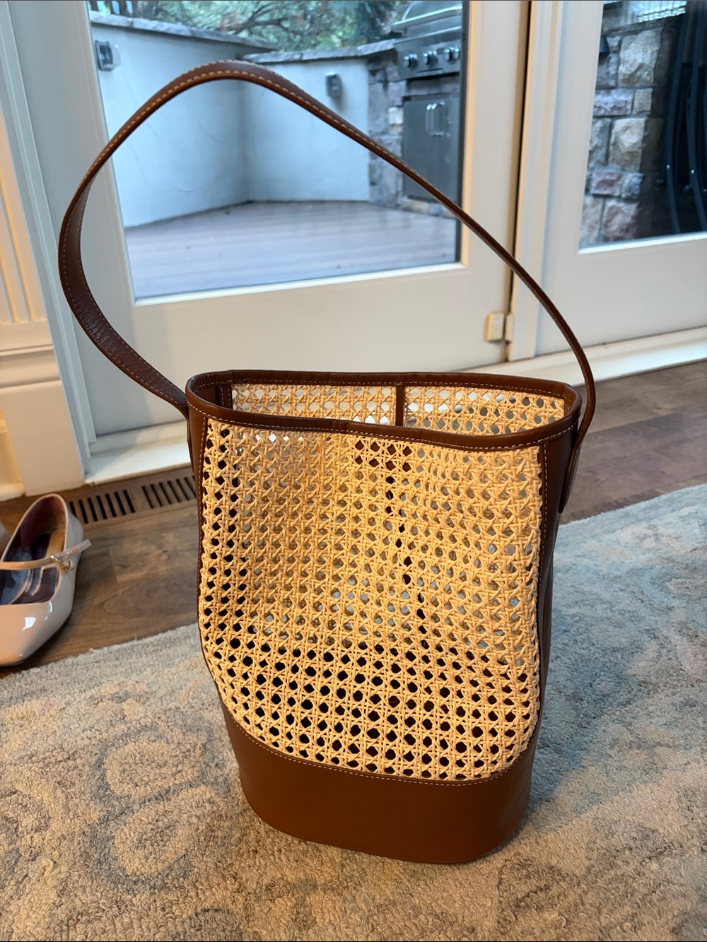 J. Crew Cream Woven & Brown Leather Shoulder Bag